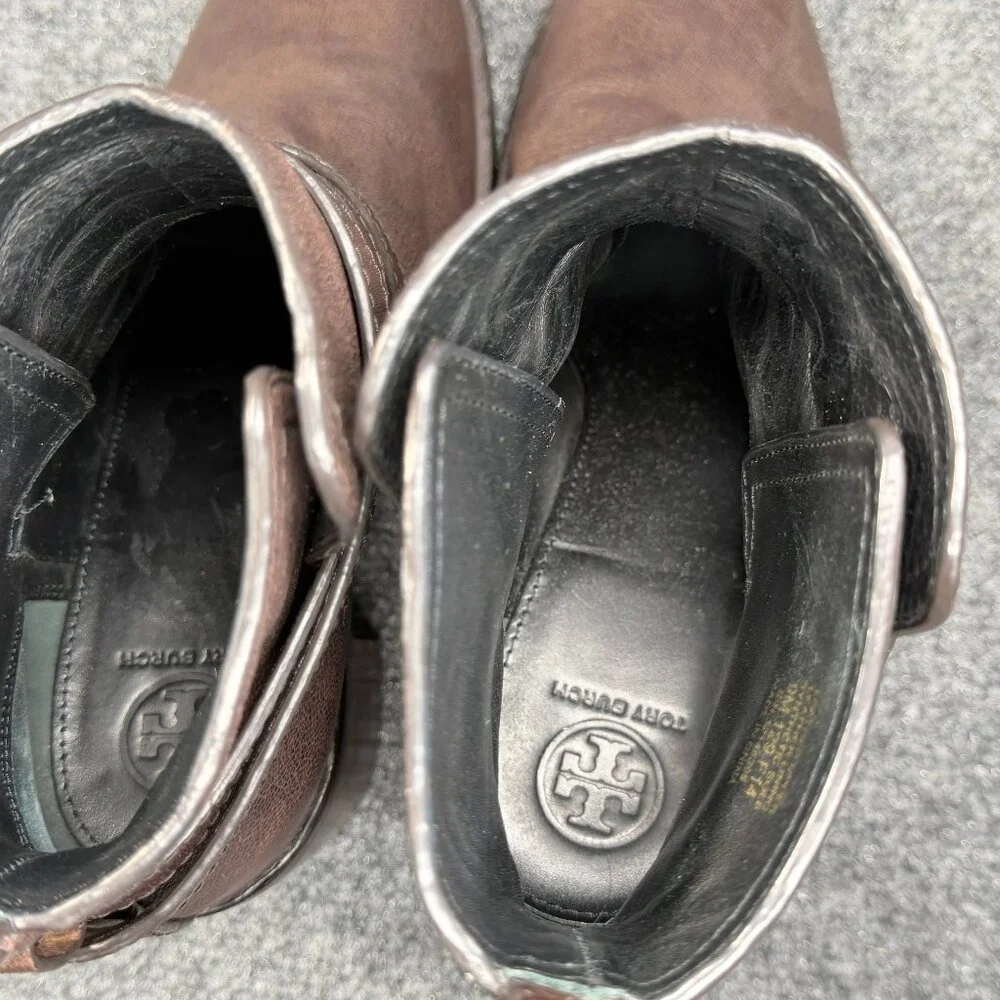 Tory Burch Hastings‎ Ankle Boots Women's Size 9 Brown Leather Cross Strap Heeled
